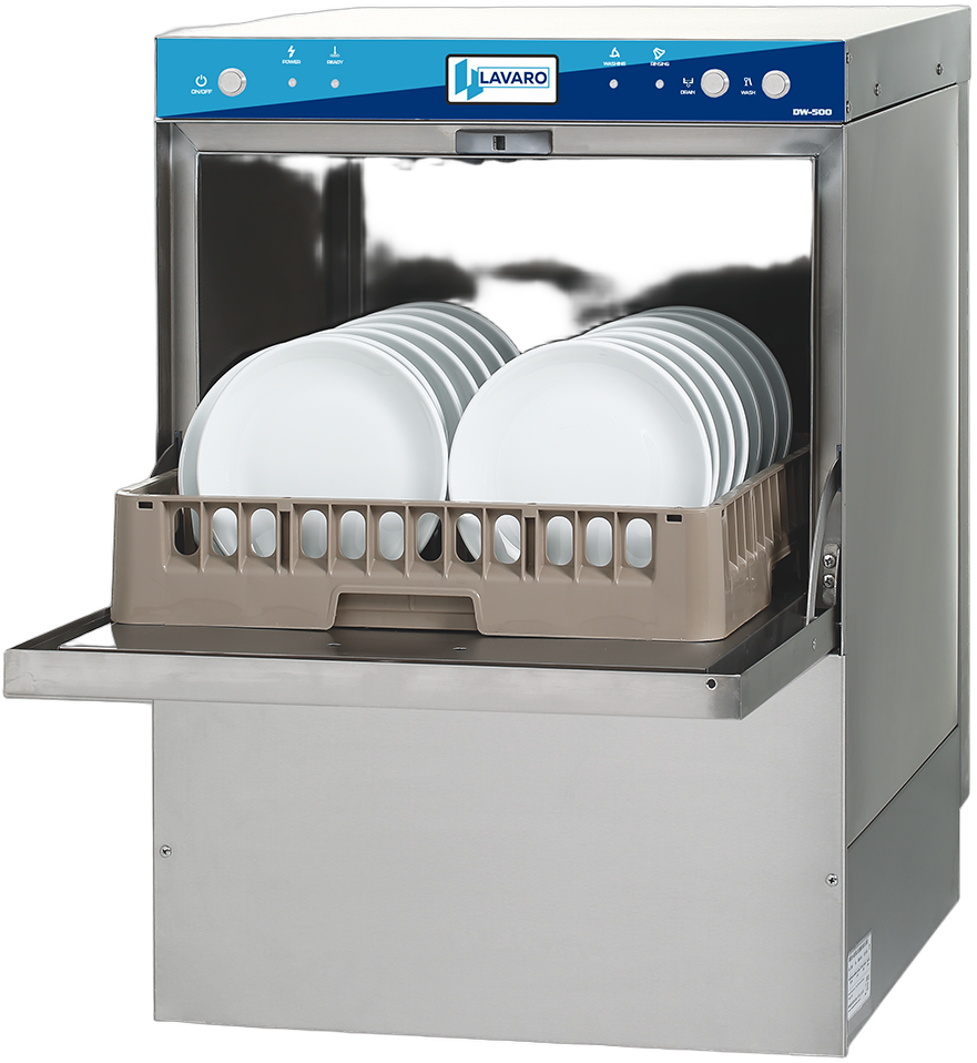 Lavaro DW-500 undercounter dishwasher with the door open and a rack of plates
